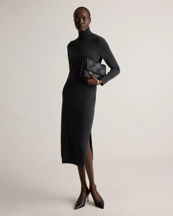 Mongolian Cashmere Turtleneck Midi Sweater Dress - XS / Charcoal
