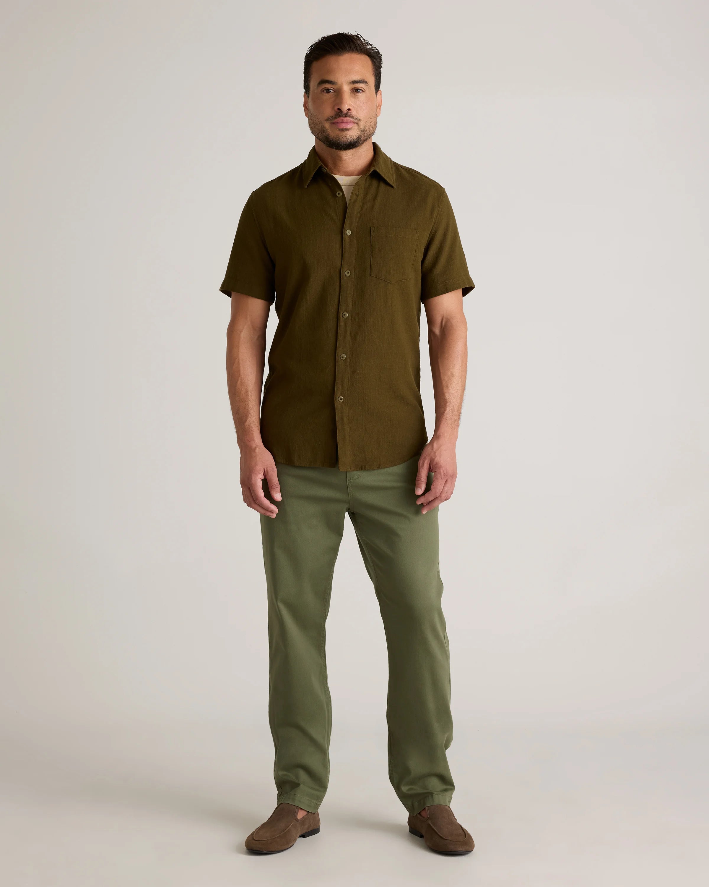Organic Cotton Stretch Selvage Short Sleeve Shirt - S / Olive Secondary image
