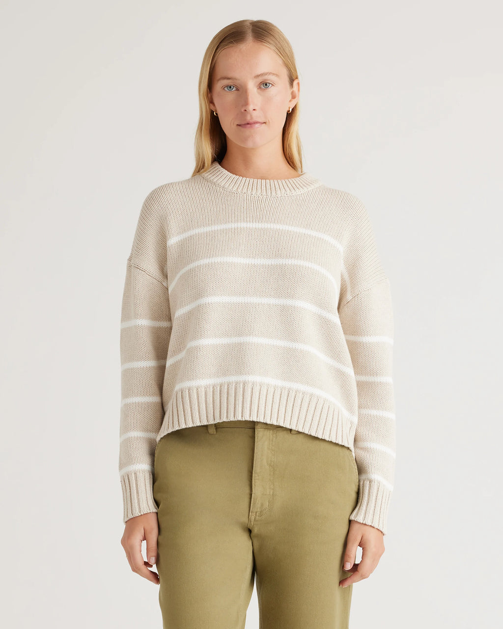 100% Organic Cotton Striped Crew Sweater - XS / Heather Brown/Ivory