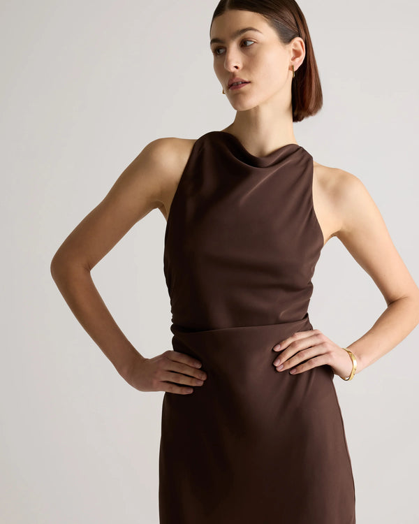 Washable Stretch Silk High Neck Midi Dress - XS / Vintage Navy Roses
