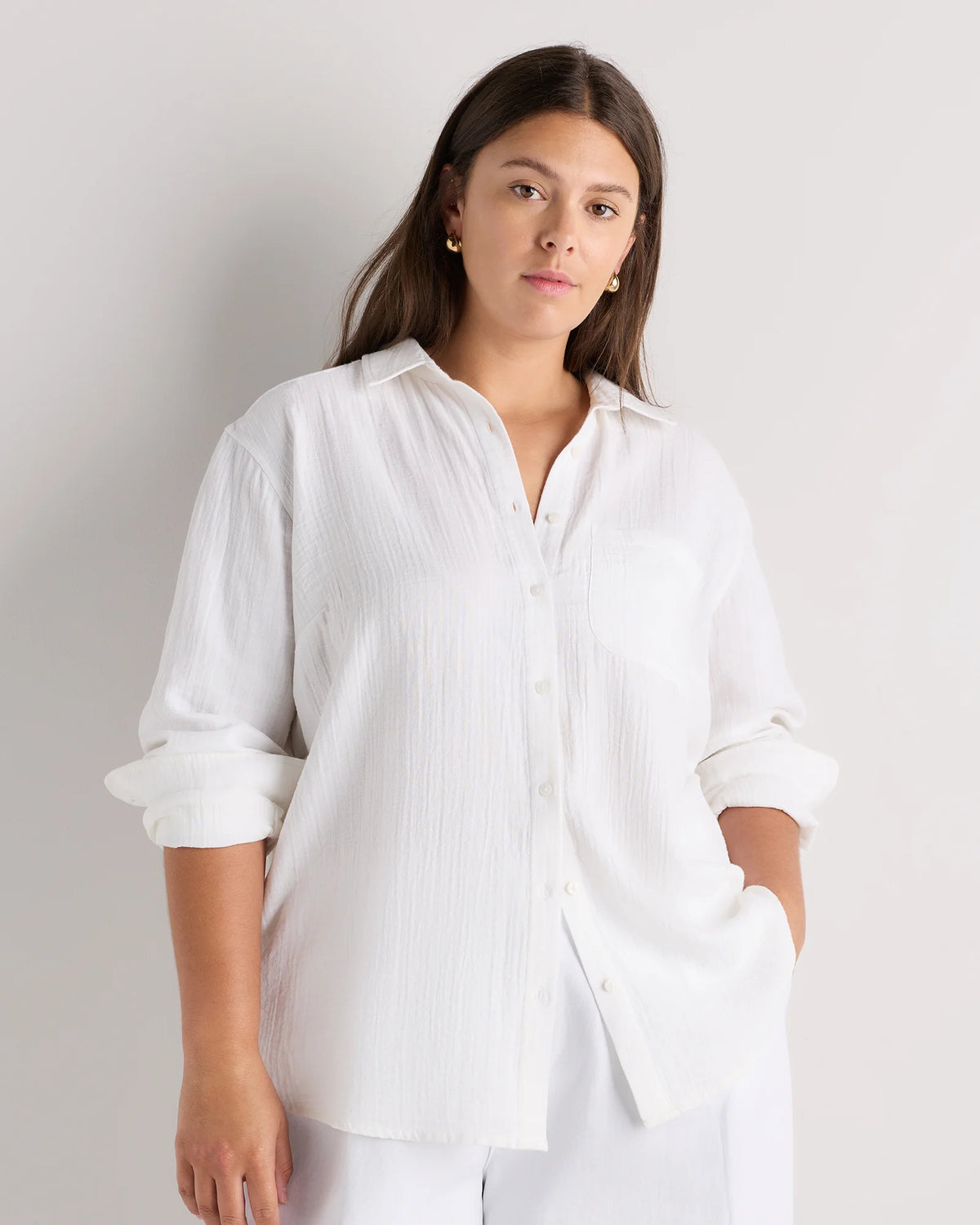 100% Organic Cotton Gauze Long Sleeve Shirt - 1X / White Main image