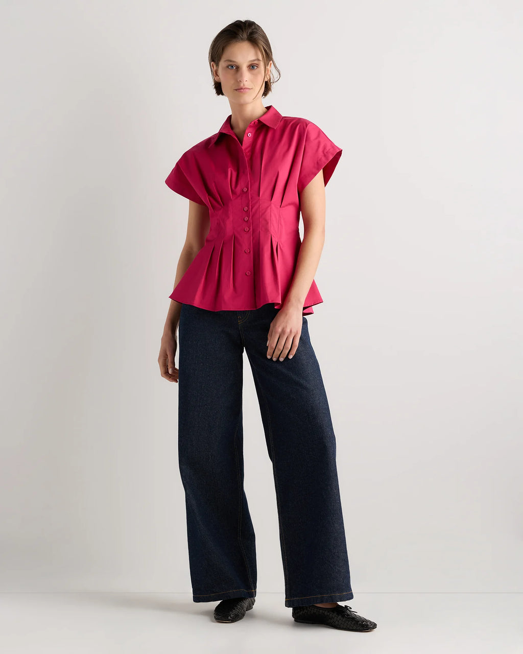Stretch Twill Pleated Short Sleeve Shirt - XS / Amaranth Pink