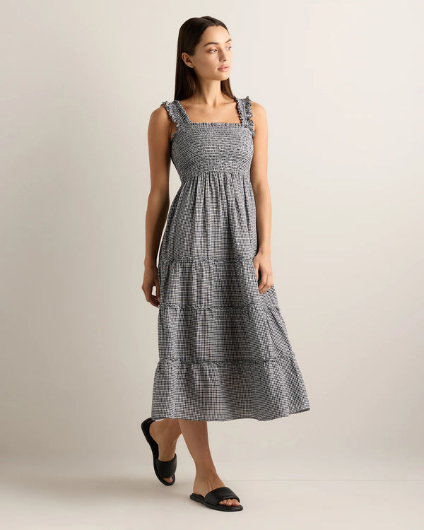 100% European Linen Smocked Midi Dress - XS / Ivory Porcelain Blue Petite Floral