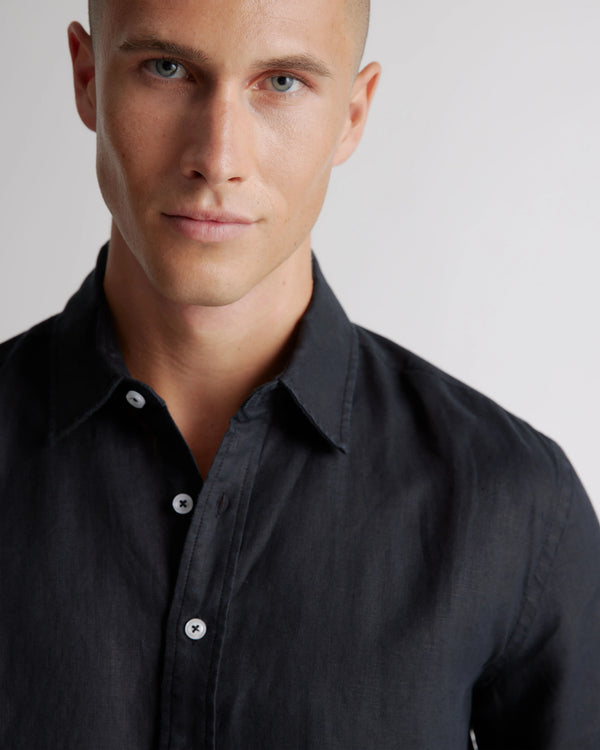 100% European Linen Relaxed Short Sleeve Shirt - XS / Taupe Brown Chambray
