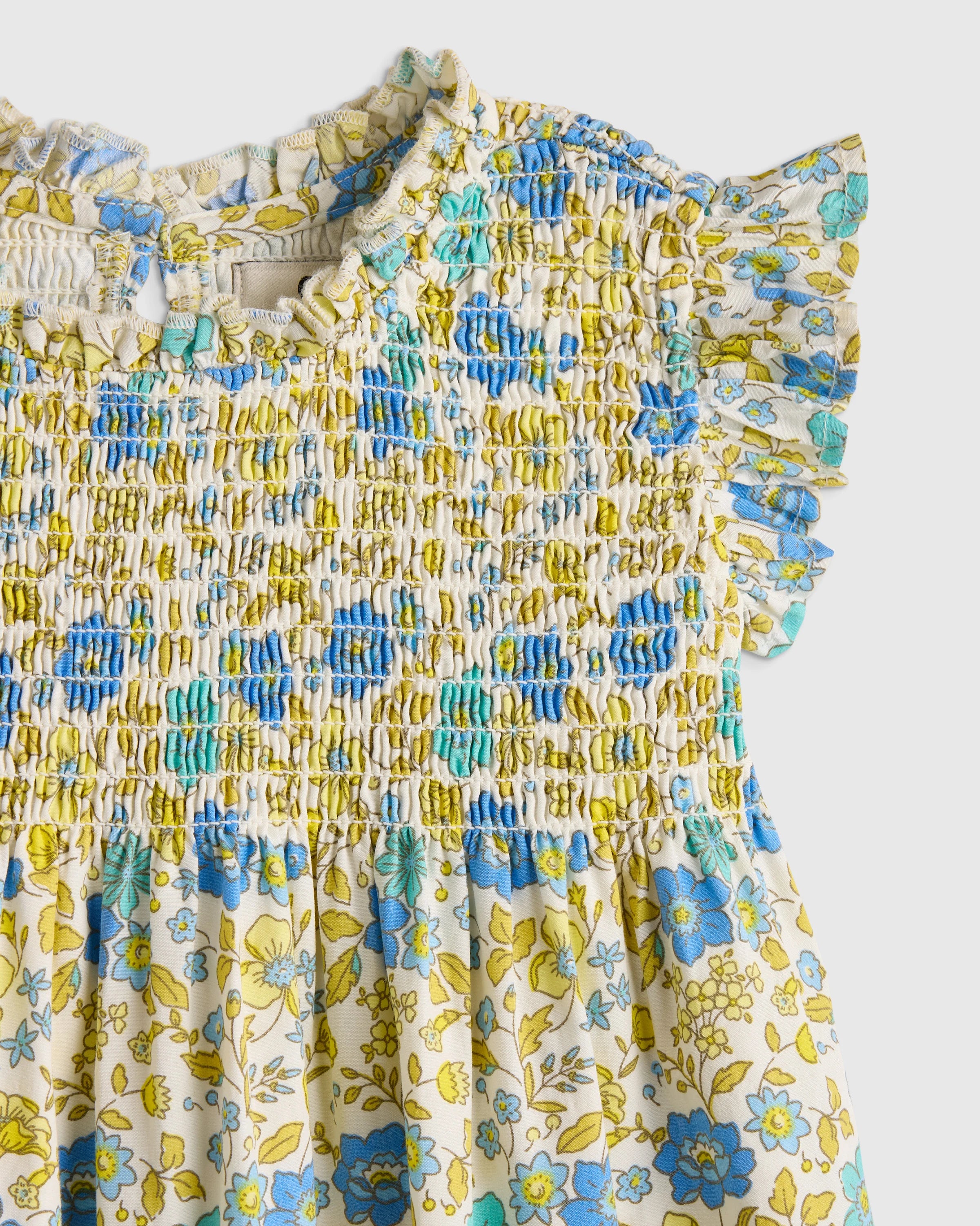 100% Organic Cotton Poplin Smocked Flutter Sleeve Dress - 3-6M / Blue Ditsy Floral Secondary image