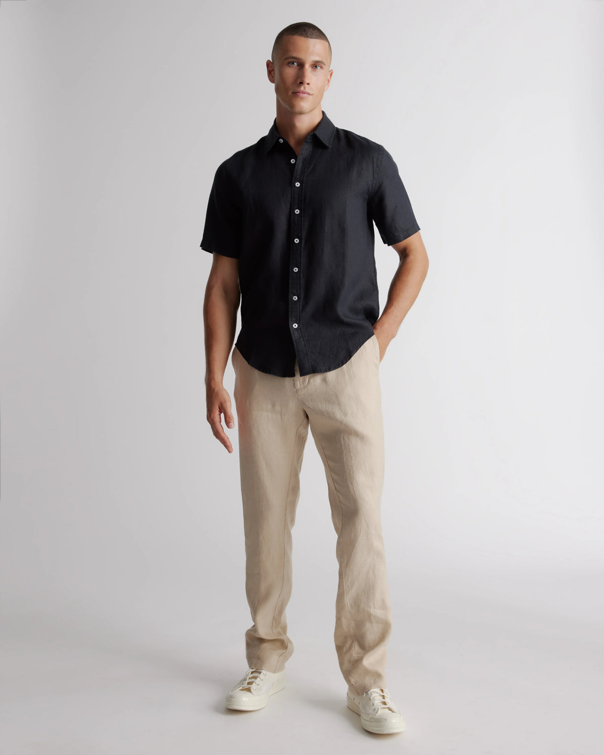 100% European Linen Relaxed Short Sleeve Shirt - XS / Taupe Brown Chambray