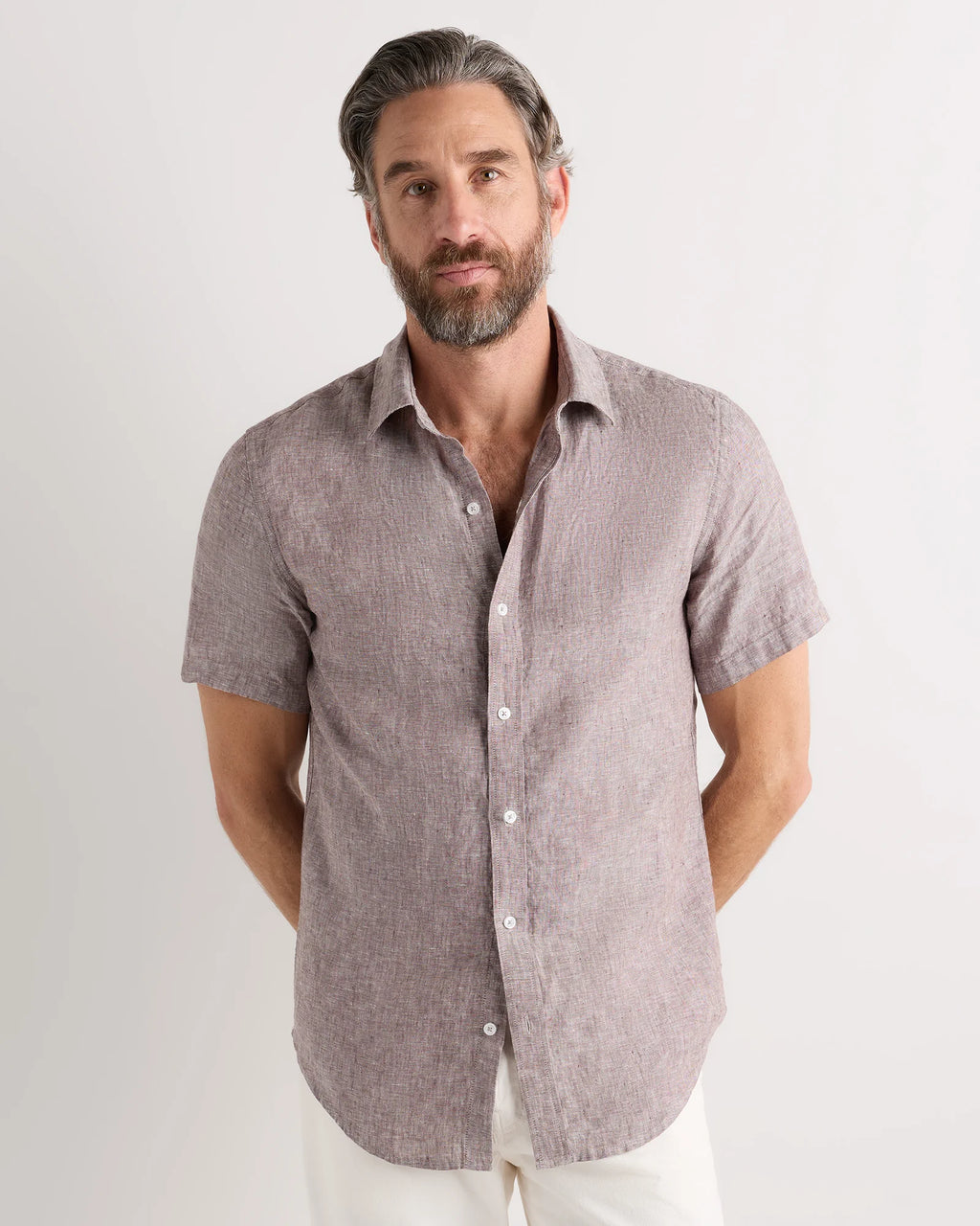 100% European Linen Relaxed Short Sleeve Shirt - XS / Taupe Brown Chambray