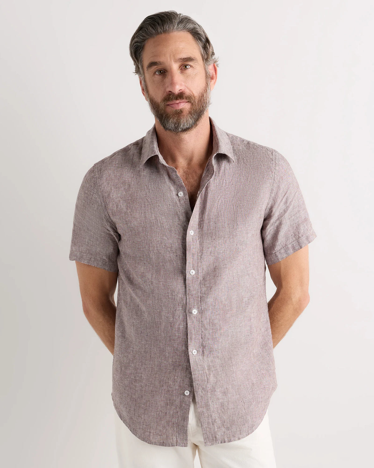 100% European Linen Relaxed Short Sleeve Shirt - XS / Taupe Brown Chambray Main image