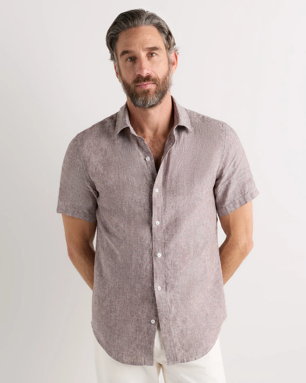 100% European Linen Relaxed Short Sleeve Shirt - XS / Taupe Brown Chambray