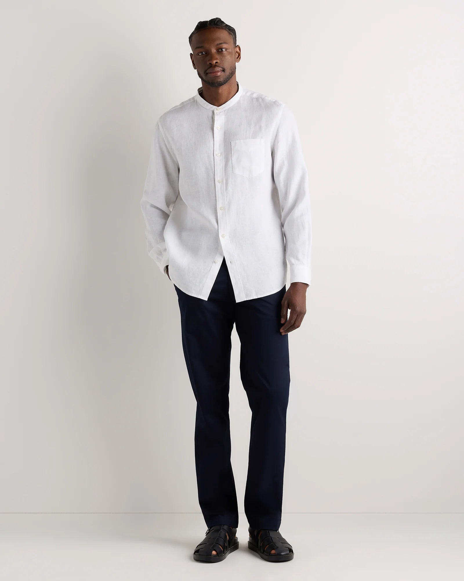 100% European Linen Relaxed Band Collar Shirt - S / White Secondary image