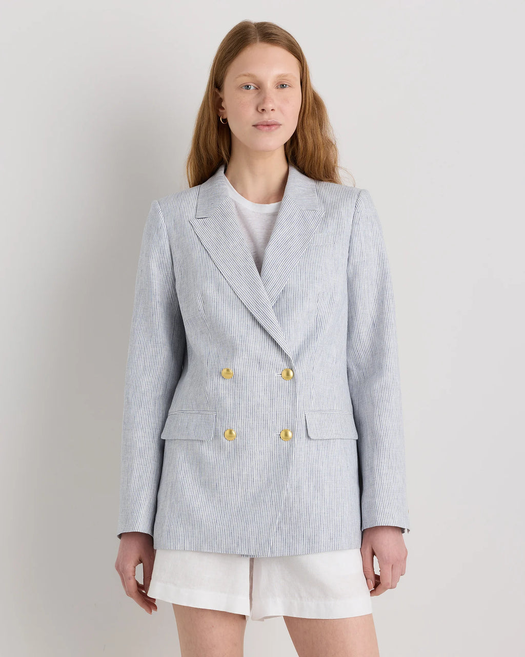 100% European Linen Relaxed Double-Breasted Blazer - XS / Blue Pinstripe
