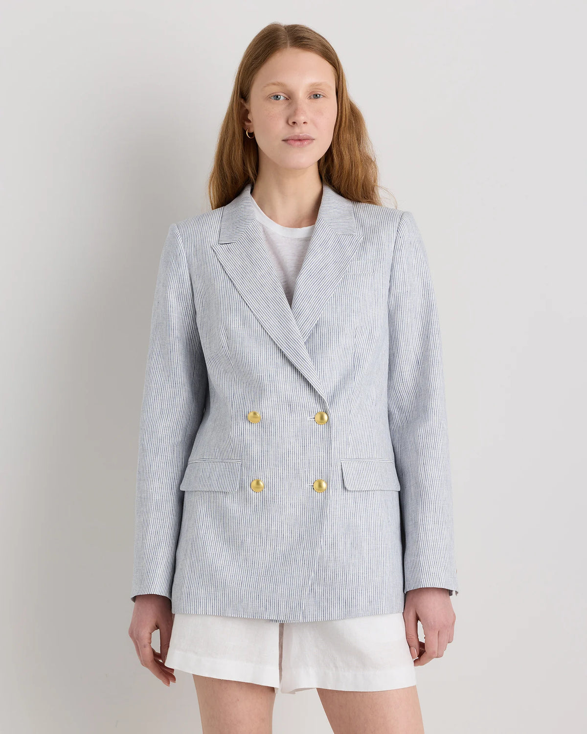 100% European Linen Relaxed Double-Breasted Blazer - XS / Blue Pinstripe Main image