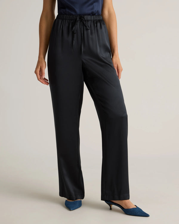 100% Washable Silk Drawstring Wide Leg Pants - XS / Black