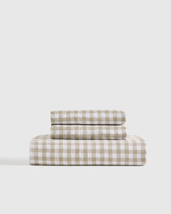 European Linen Gingham Fitted Sheet Set - Twin / Blue Fog
