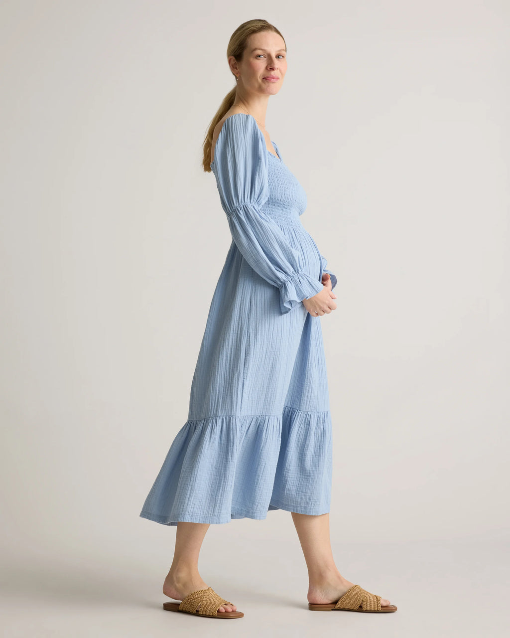 100% Organic Cotton Gauze Maternity Smocked Midi Dress - XS / Wild Cherry