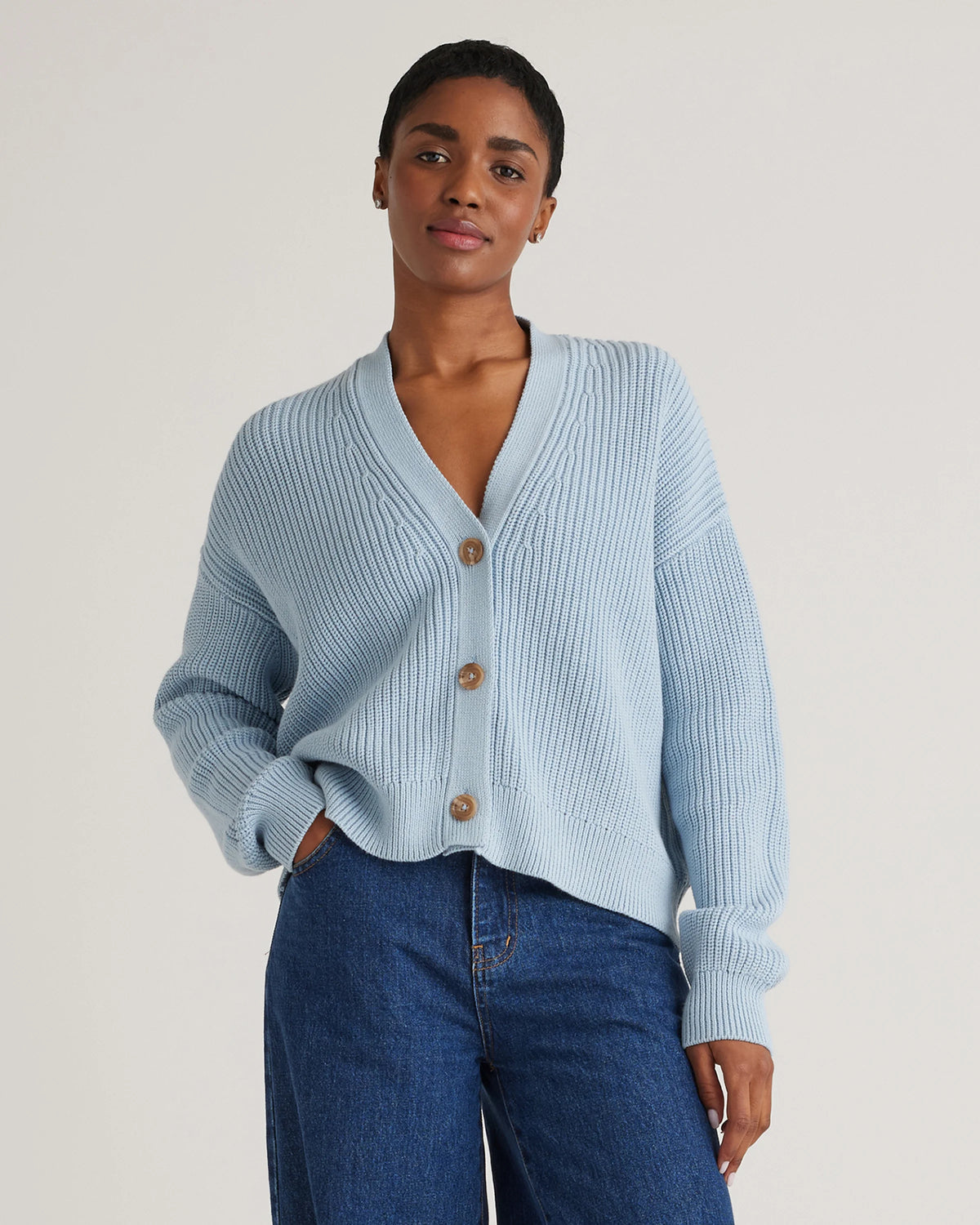 100% Organic Cotton Fisherman Boxy Cropped Cardigan - XS / Sapphire Blue