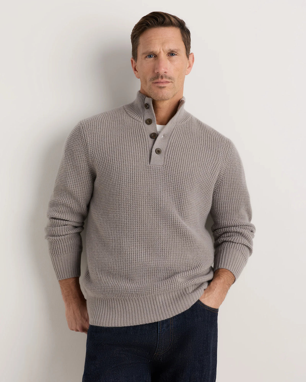 Mongolian Cashmere Waffle Quarter Button Sweater - S / Elk Brown