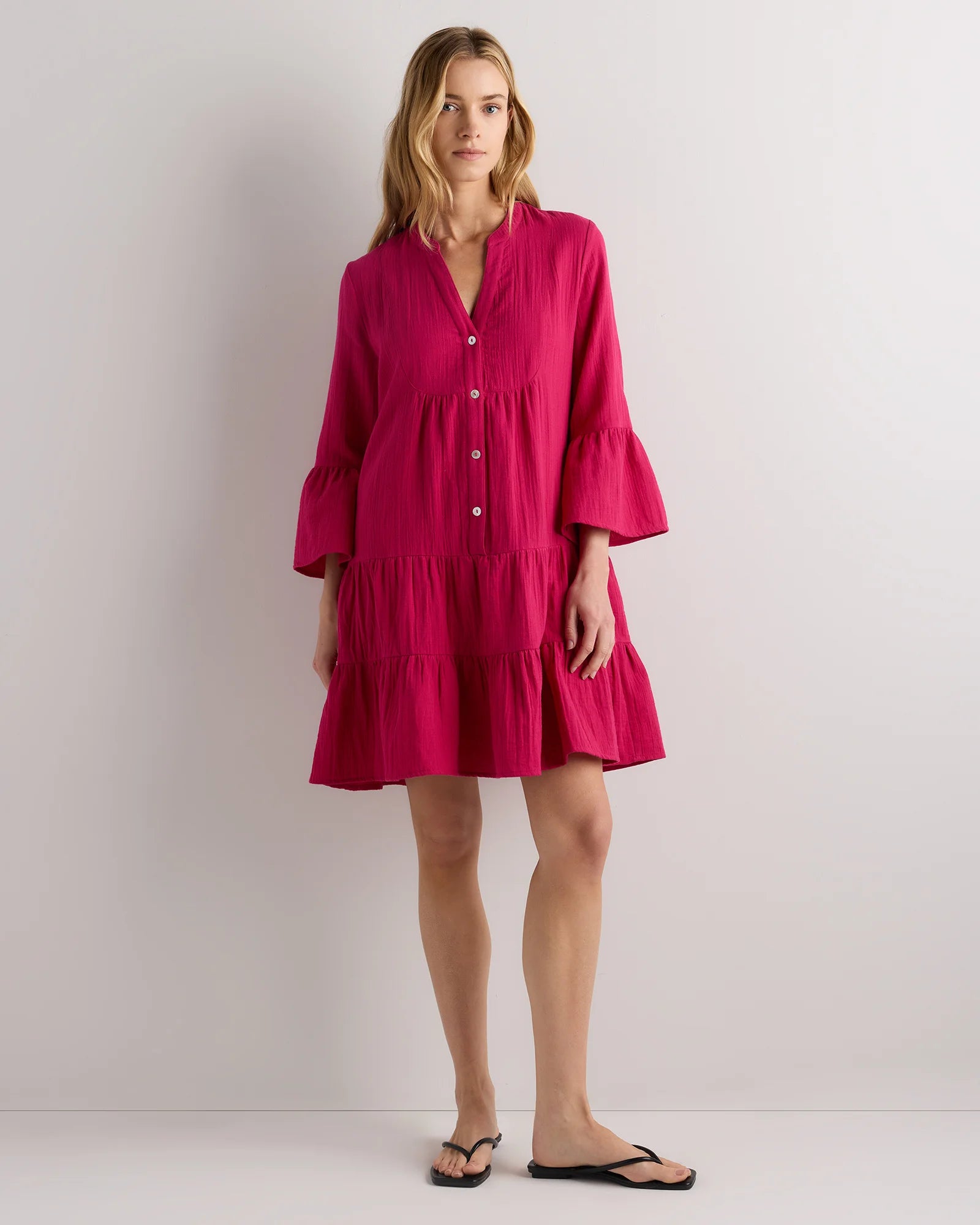 100% Organic Cotton Gauze Long Sleeve Tiered Mini Dress - XS / Amaranth Pink Secondary image