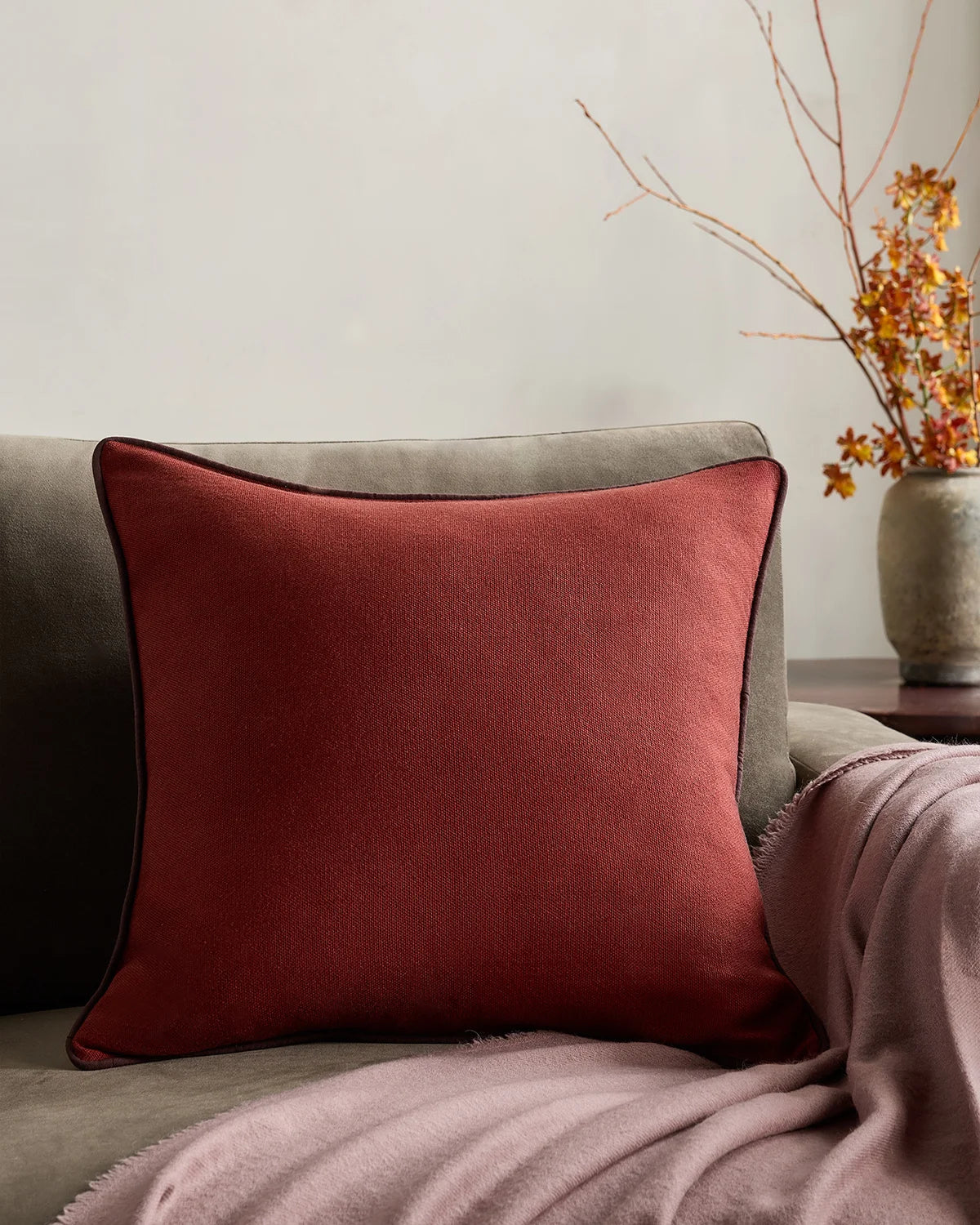 Contrast Piped Wool Pillow Cover - 20x20 / Brick Red/Espresso Secondary image