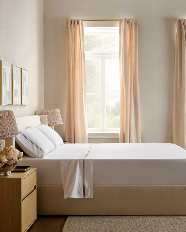 Organic Crisp Percale Embellished Deluxe Bedding Bundle - Twin / White/Navy