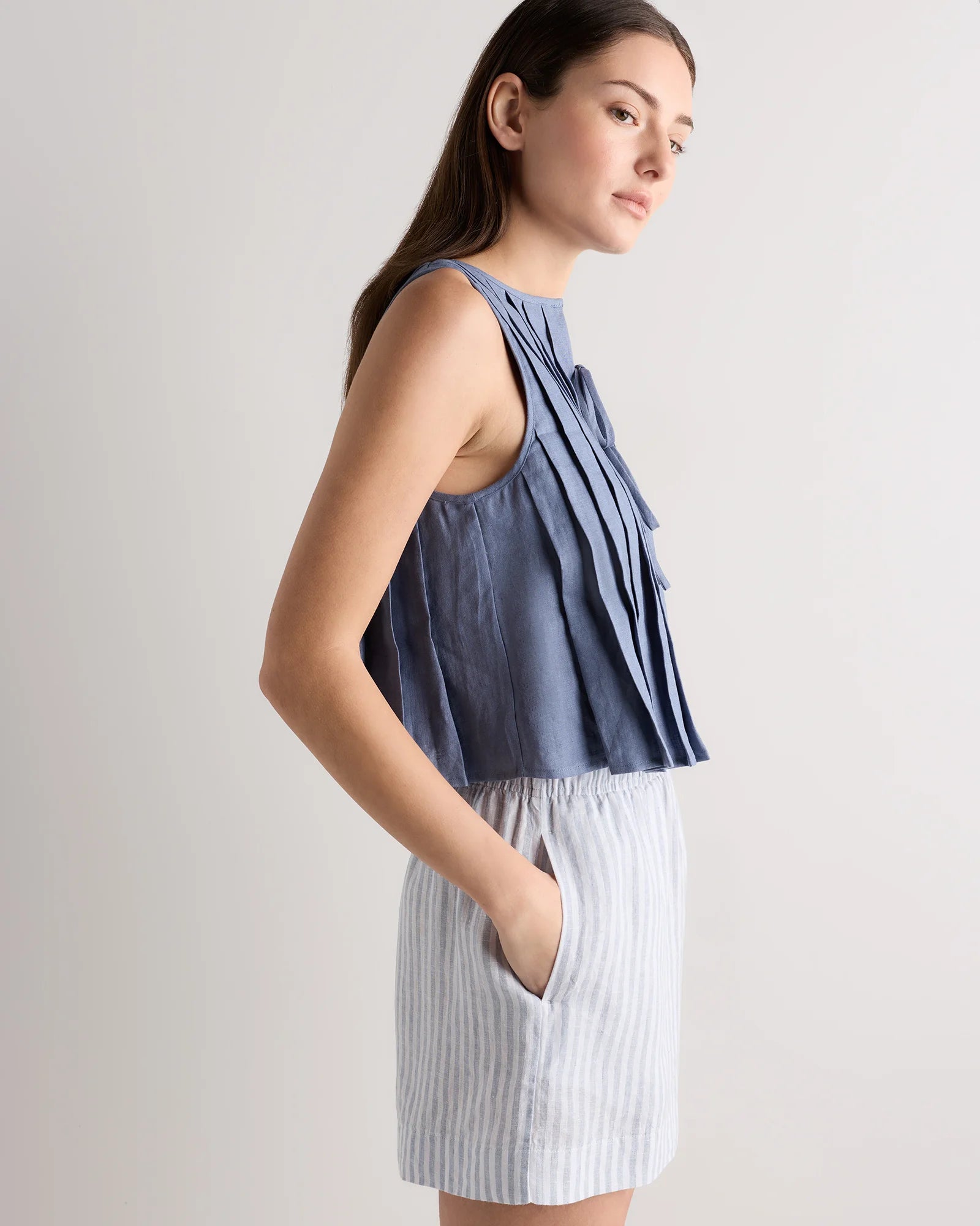 100% European Linen Pleated Tank - XS / Moonstone Blue Secondary image