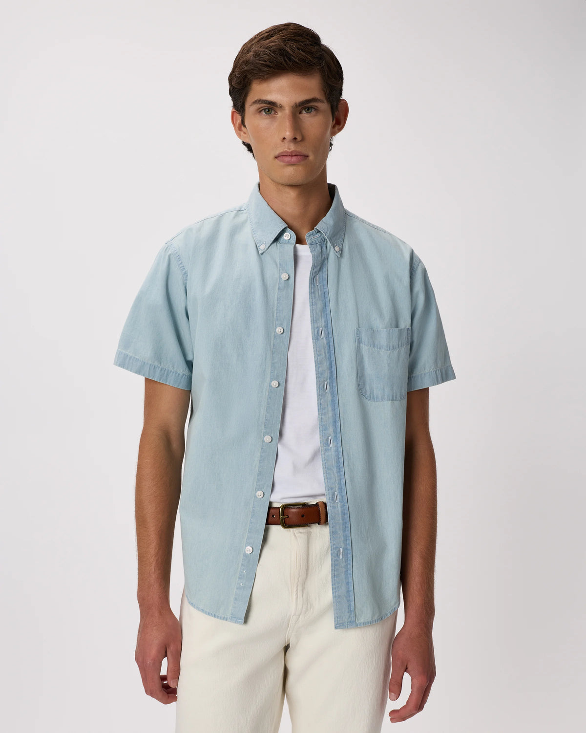 100% Organic Chambray Short Sleeve Shirt - S / Light Chambray