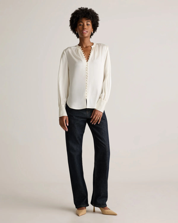 Washable Stretch Silk Peasant Blouse - XS / Ivory