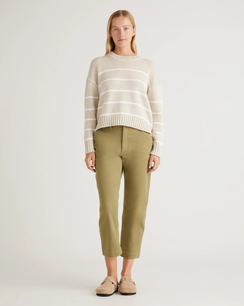 100% Organic Cotton Striped Crew Sweater - XS / Heather Brown/Ivory