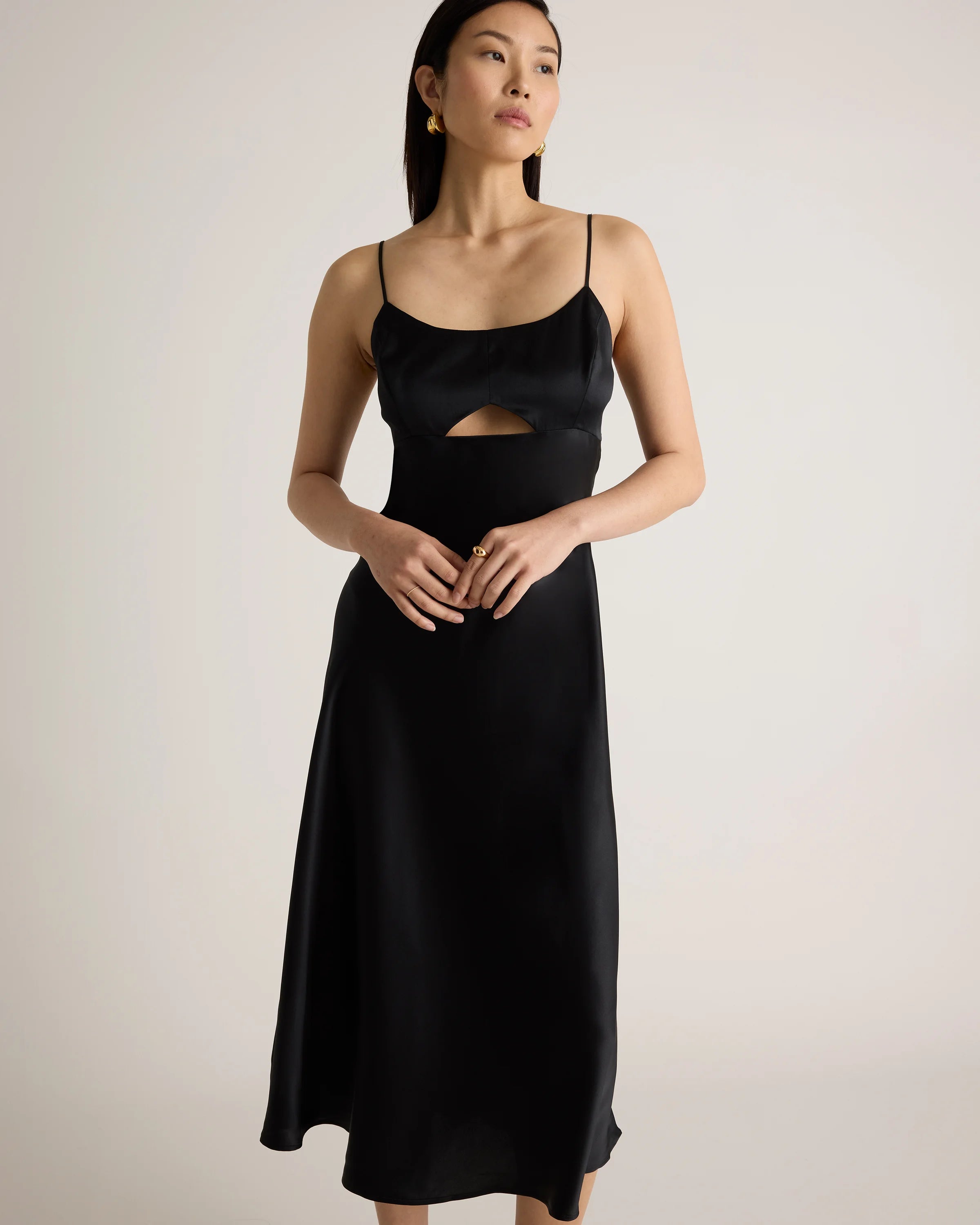 100% Washable Silk Cutout Midi Slip Dress - XS / Black Secondary image