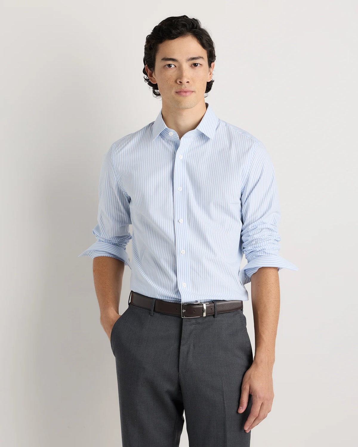 Organic Cotton Stretch Poplin Dress Shirt - S / Light Blue Stripe Main image