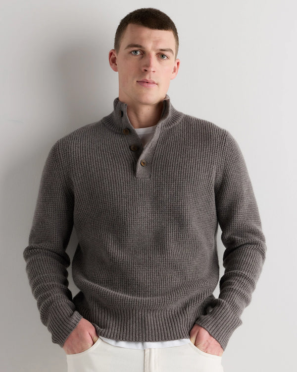 Mongolian Cashmere Waffle Quarter Button Sweater - S / Elk Brown