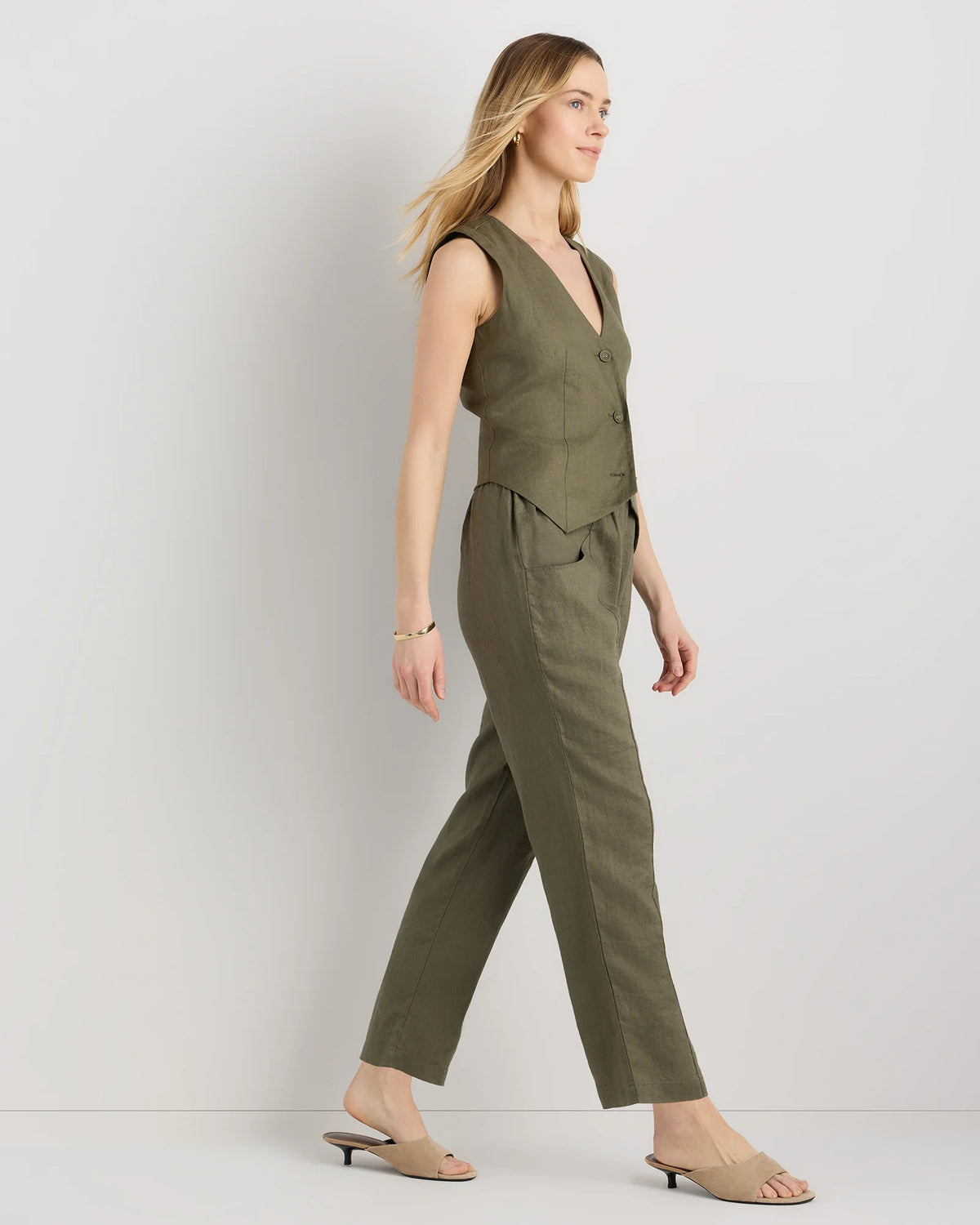 100% European Linen Tapered Ankle Pants - XS / Blue Pinstripe