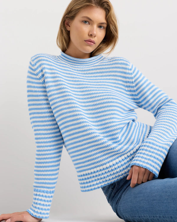 100% Organic Cotton Roll Neck Sweater - XS / Cornflower Mini Stripe