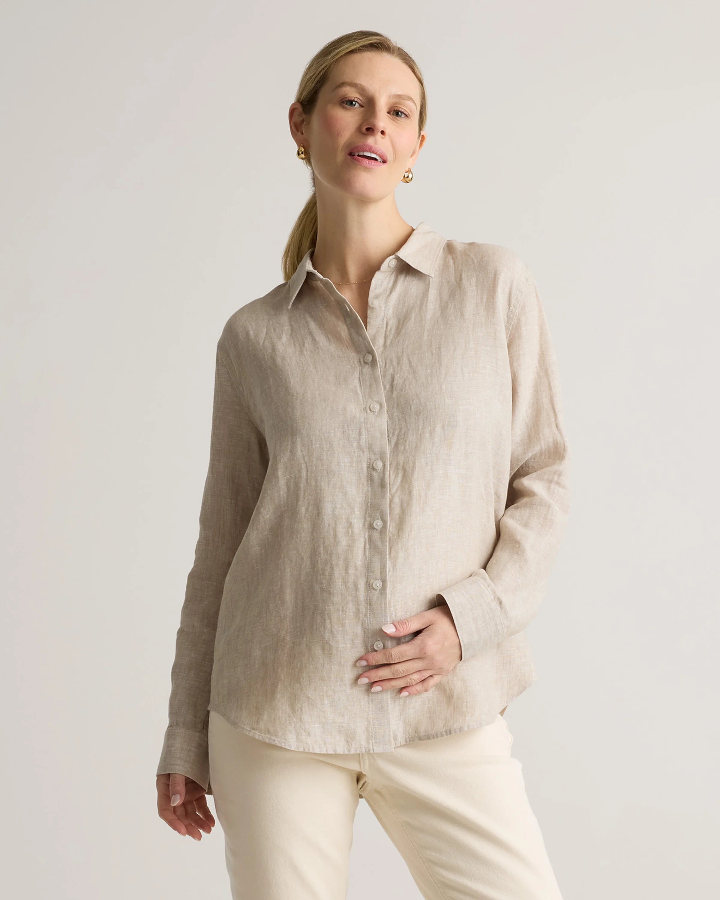 100% European Linen Maternity Long Sleeve Shirt - XS / Blue Pinstripe Secondary image