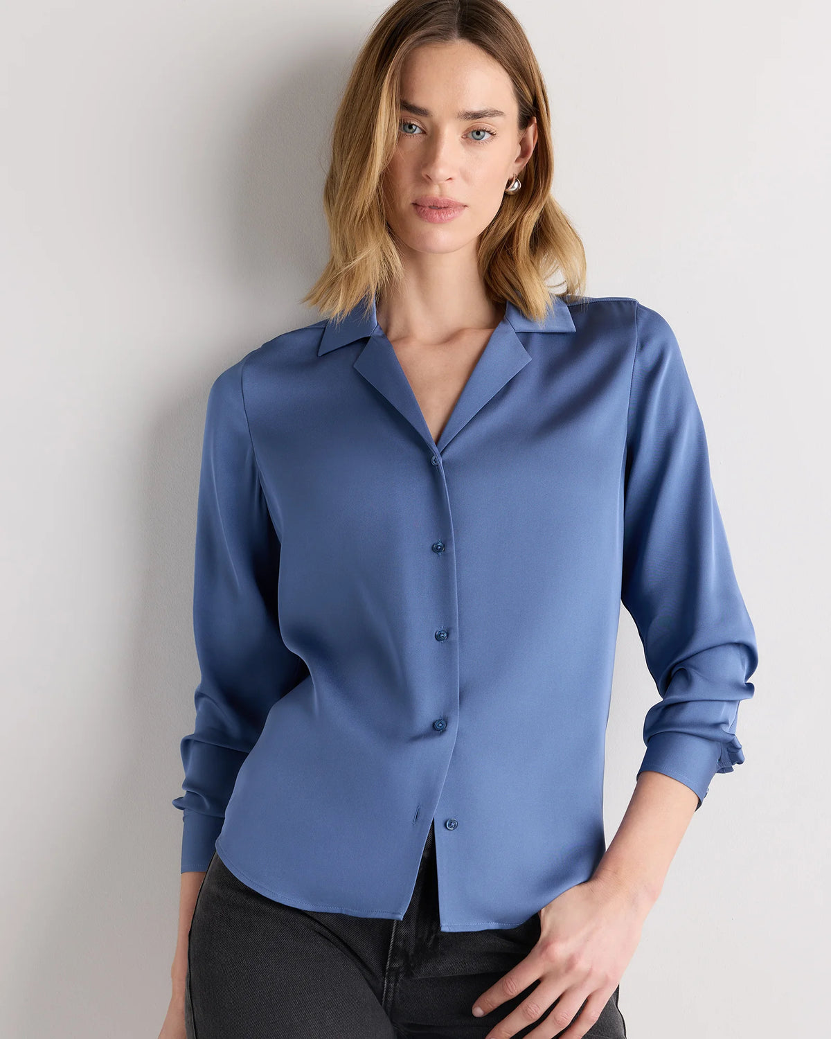 Washable Stretch Silk Notch Collar Blouse - XS / Moonstone Blue Main image