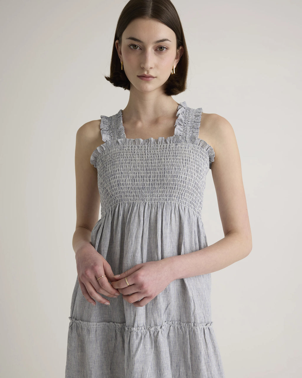 100% European Linen Smocked Midi Dress - XS / Ivory Porcelain Blue Petite Floral