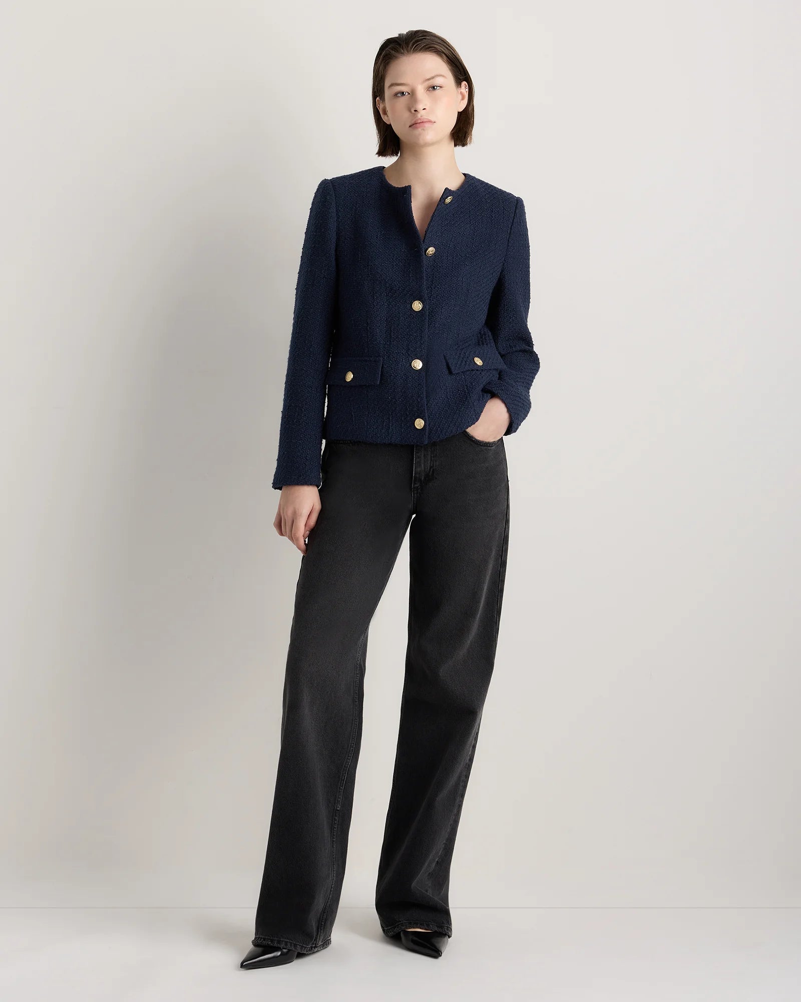 Tweed Collarless Jacket - XS / Deep Navy Secondary image