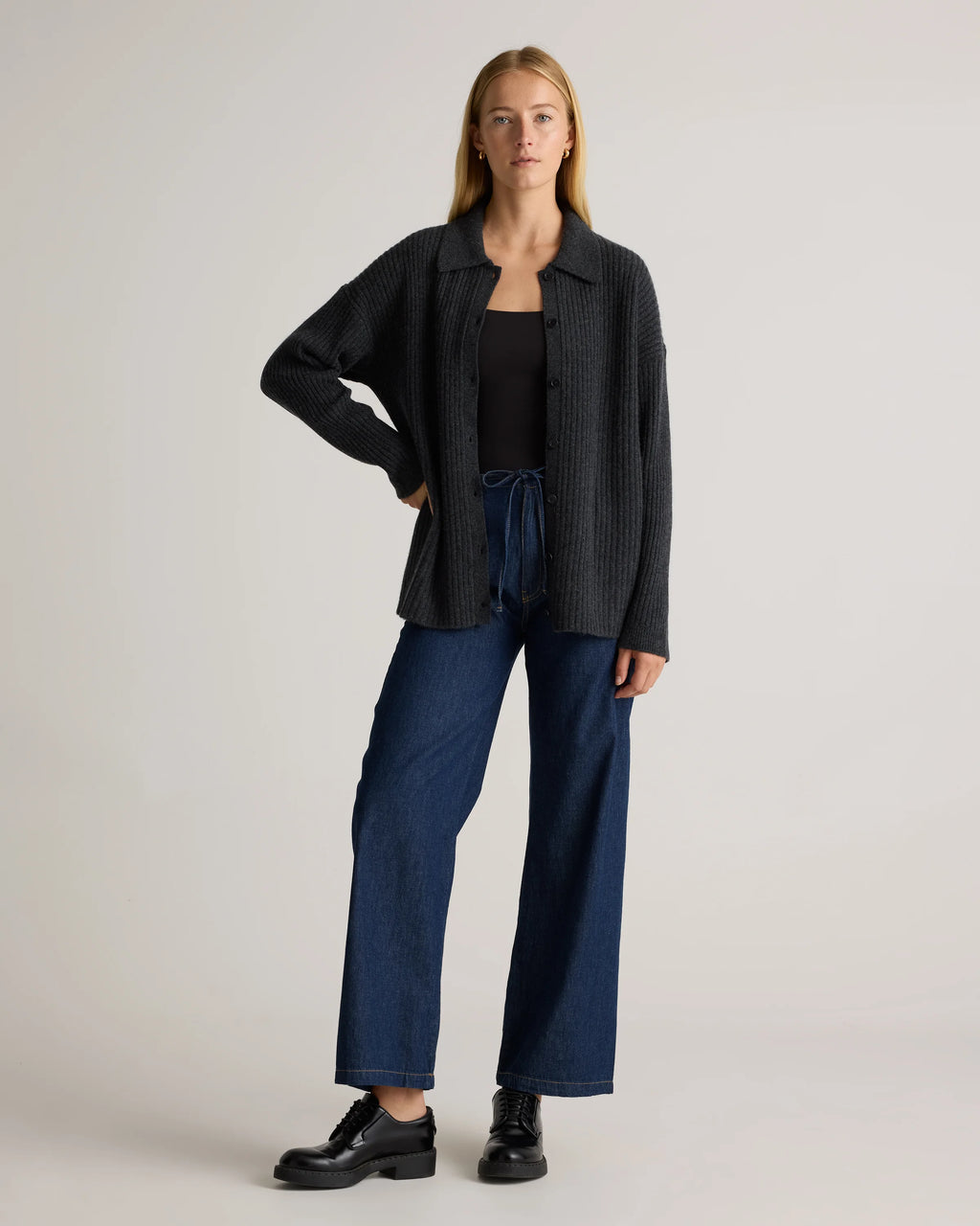 Mongolian Cashmere Wide-Rib Oversized Collared Cardigan - XS / Oatmeal