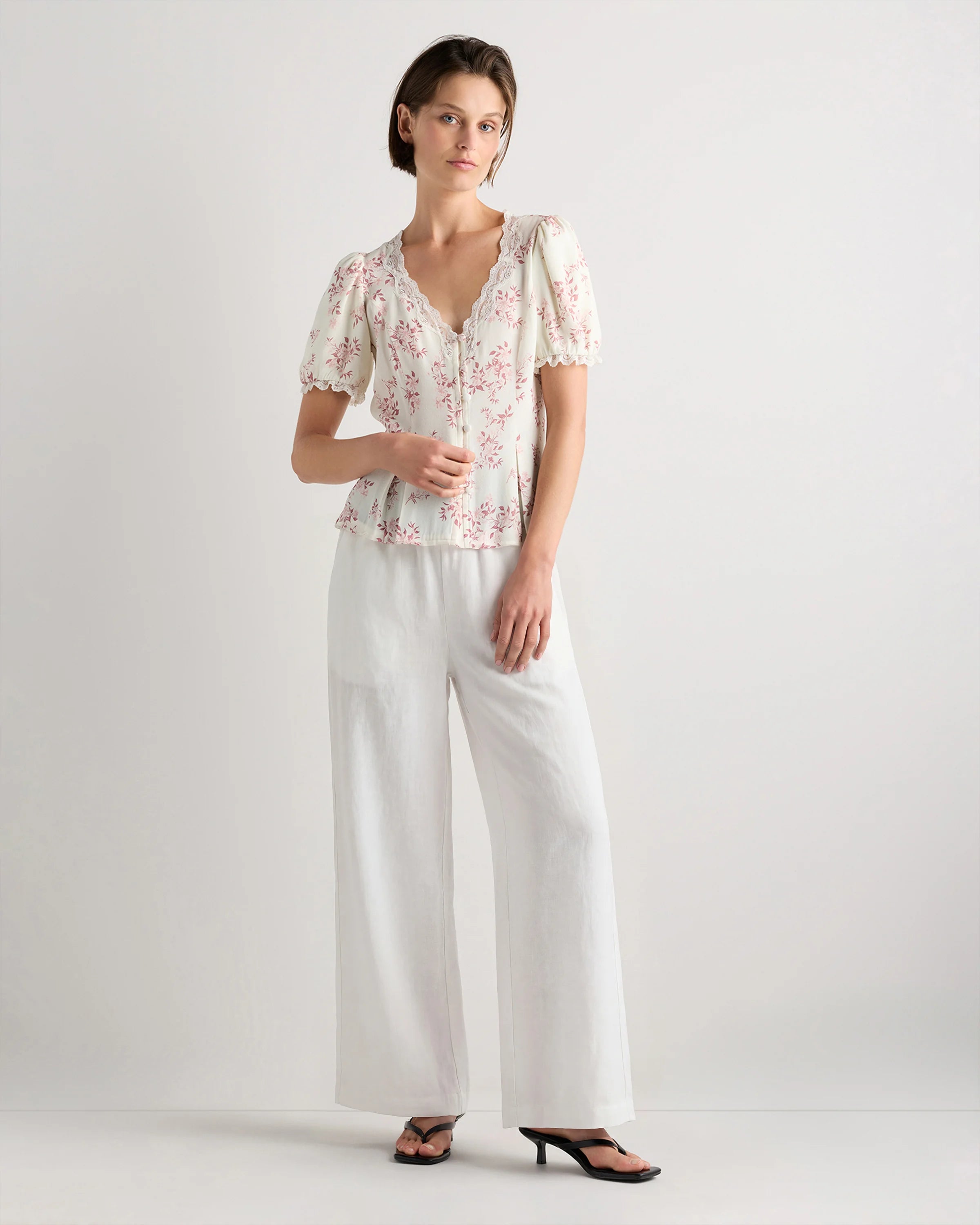 Lightweight Crepe Lace Puff Sleeve Blouse - XS / Ivory Rose Pink Petite Floral Secondary image