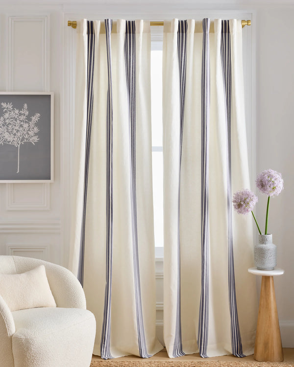 Coastal Stripe Linen Cotton Curtain - Single Panel - 48x84 / Ivory/Fog