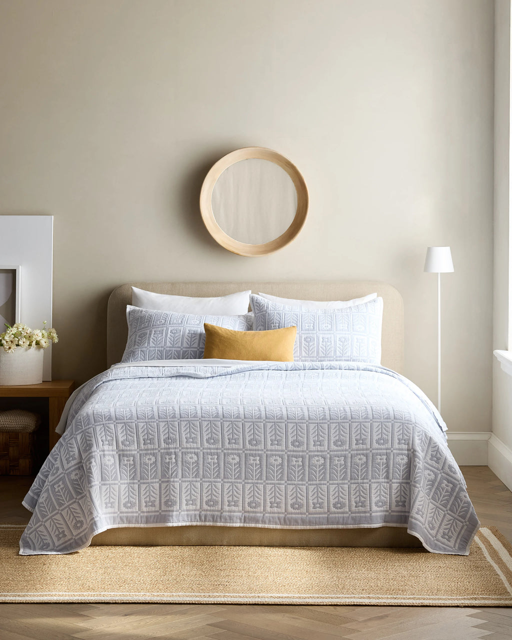Organic Cotton Jacquard Floral Coverlet Set - Twin / Blue Fog