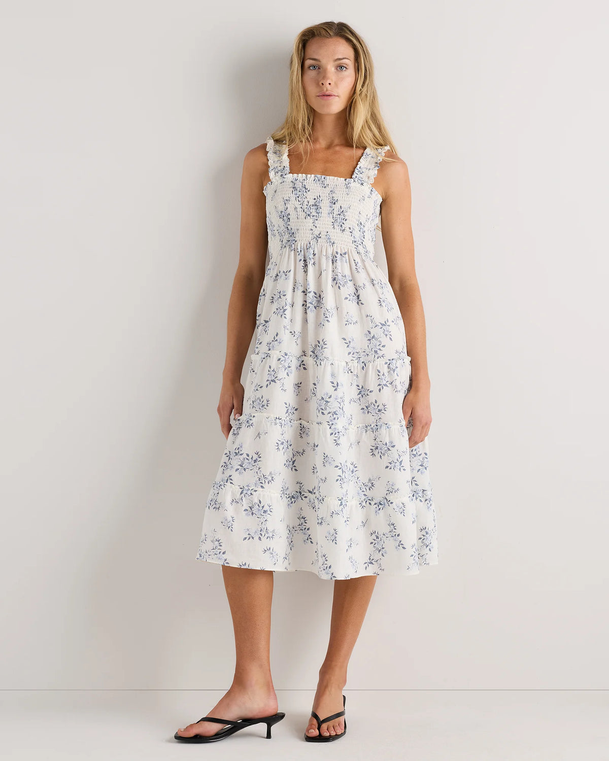 100% European Linen Smocked Midi Dress - XS / Ivory Porcelain Blue Petite Floral Main image