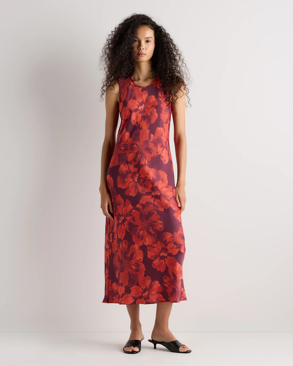 Washable Stretch Silk Tank Midi Dress - XS / Cordovan Red Hibiscus Main image