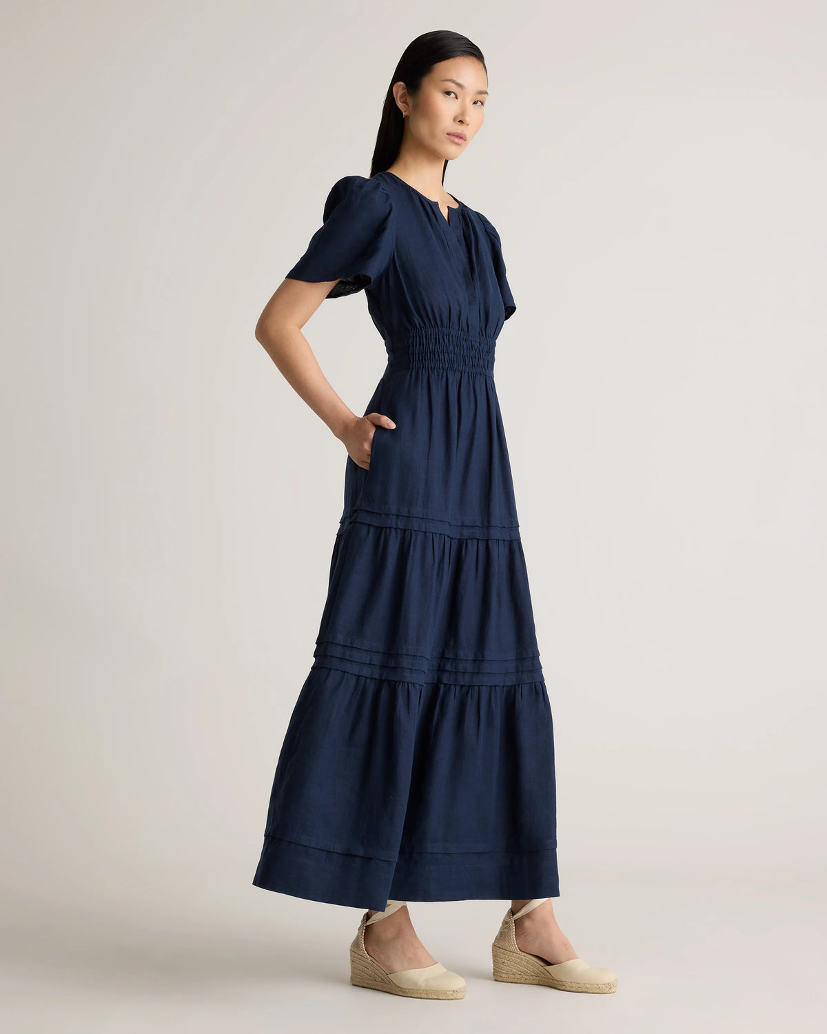 100% European Linen Tiered Maxi Dress - XS / Ivory Porcelain Blue Petite Floral
