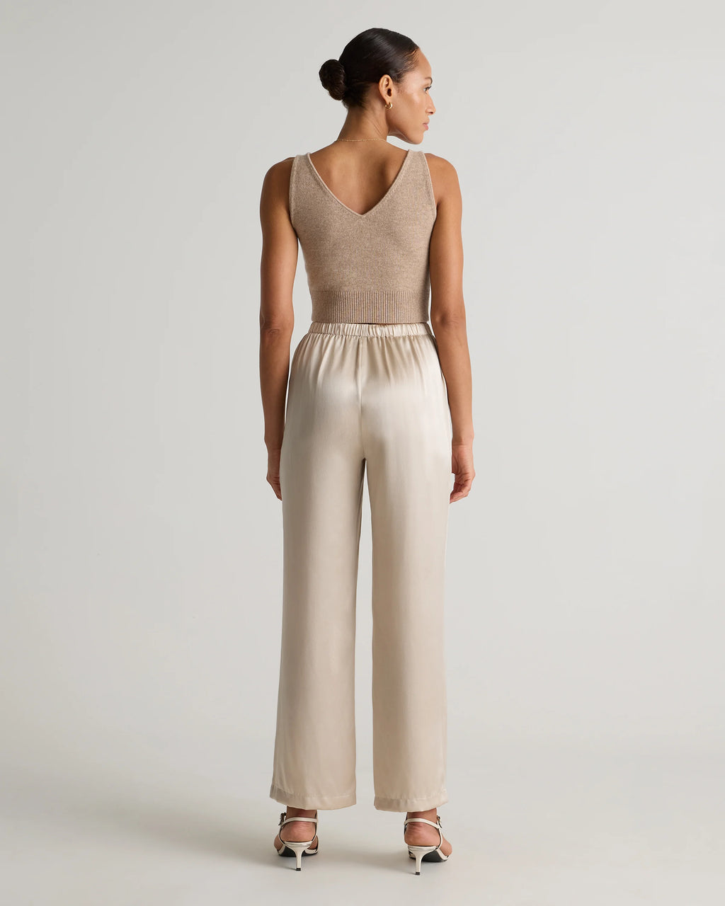 100% Washable Silk Drawstring Wide Leg Pants - XS / Champagne