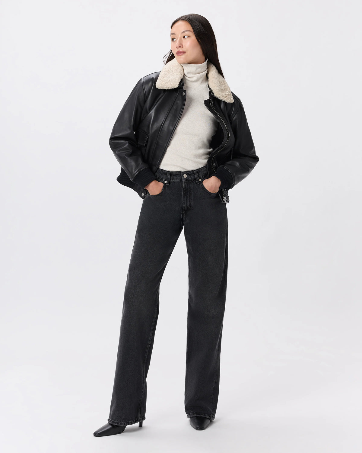 100% Leather Shearling Trim Aviator Jacket - XS / True Black