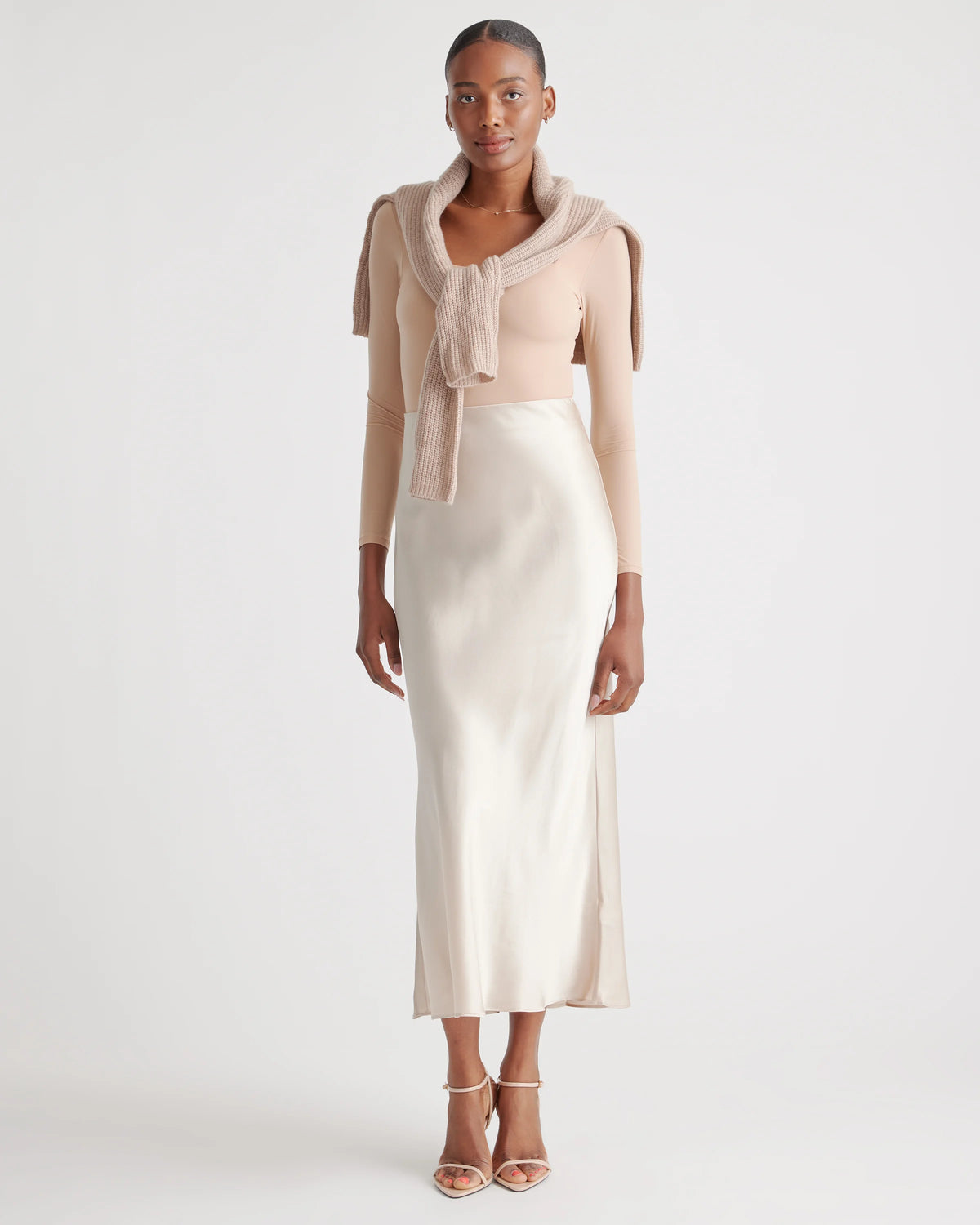 100% Washable Silk Maxi Skirt - XS / Champagne