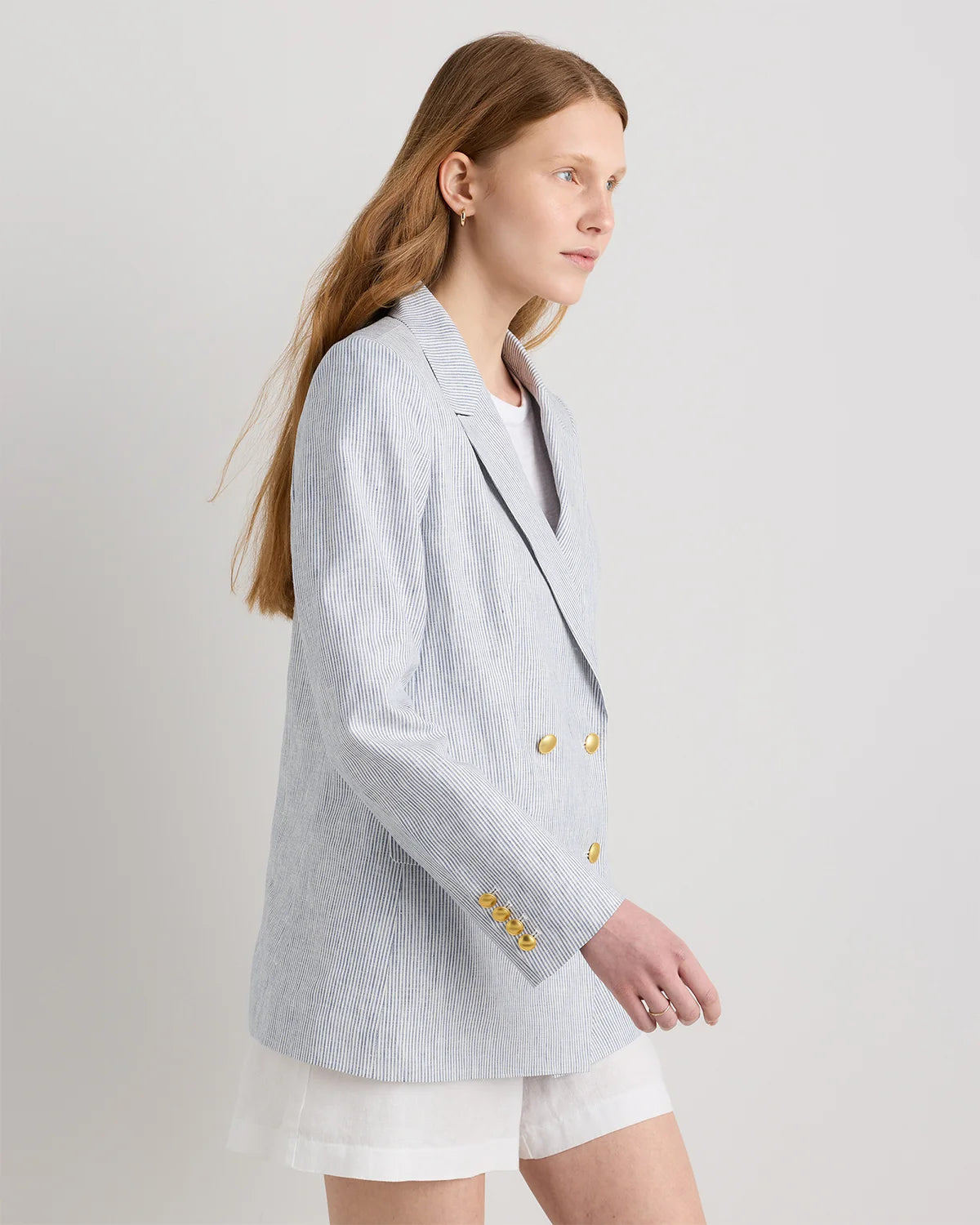 100% European Linen Relaxed Double-Breasted Blazer - XS / Blue Pinstripe Secondary image