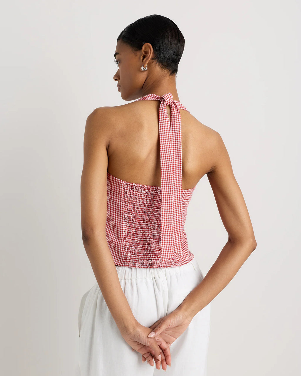 100% European Linen Halter Top - XS / Red Classic Mini Gingham