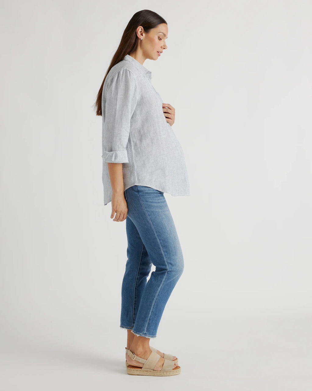 100% European Linen Maternity Long Sleeve Shirt - XS / Blue Pinstripe